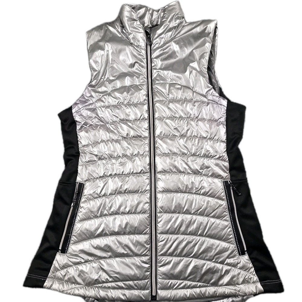 My Anorak Women's Small Metallic Puffy Vest Y3K Futuristic‎ Silver Full Zip